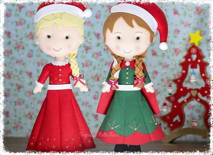Elsa y Anna en Navidad de fieltro con moldes