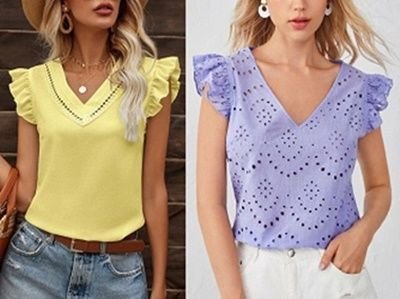 Blusa sencilla con escote en pico y volante en la sisa